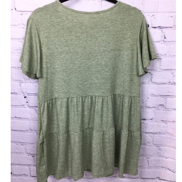 Hibluco Round Neck Flared Short Sleeve Soft Tiered Babydoll Green Tunic Top Sz L - Picture 4 of 9